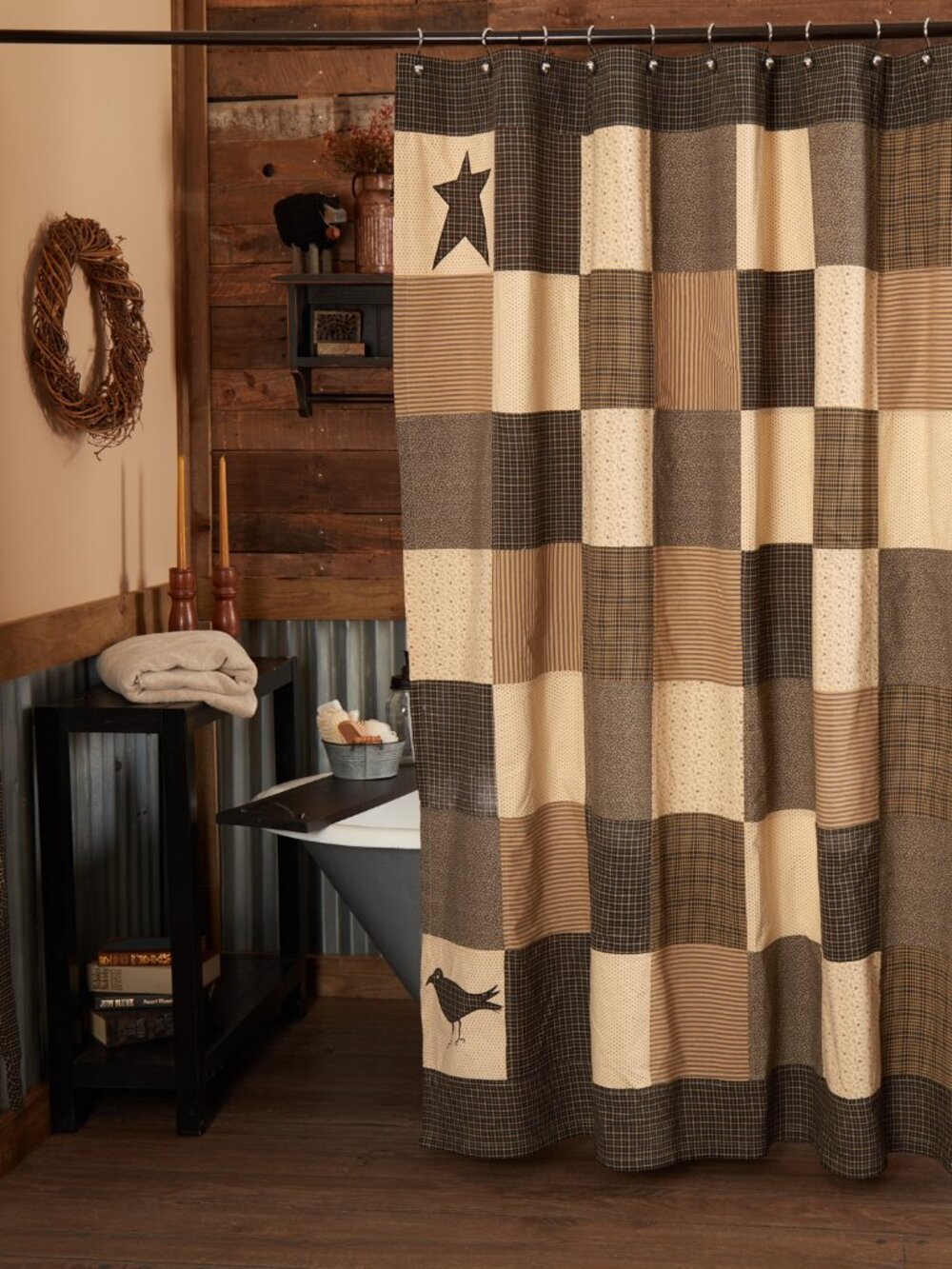 Primitive star and crow patchwork shower curtain 72"x72"